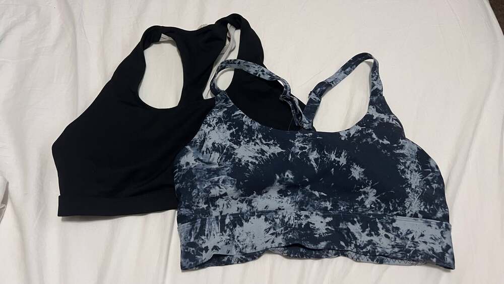 Set of 2 Sports Bras Black Leopard Fabletics and Blue Tie-Dye